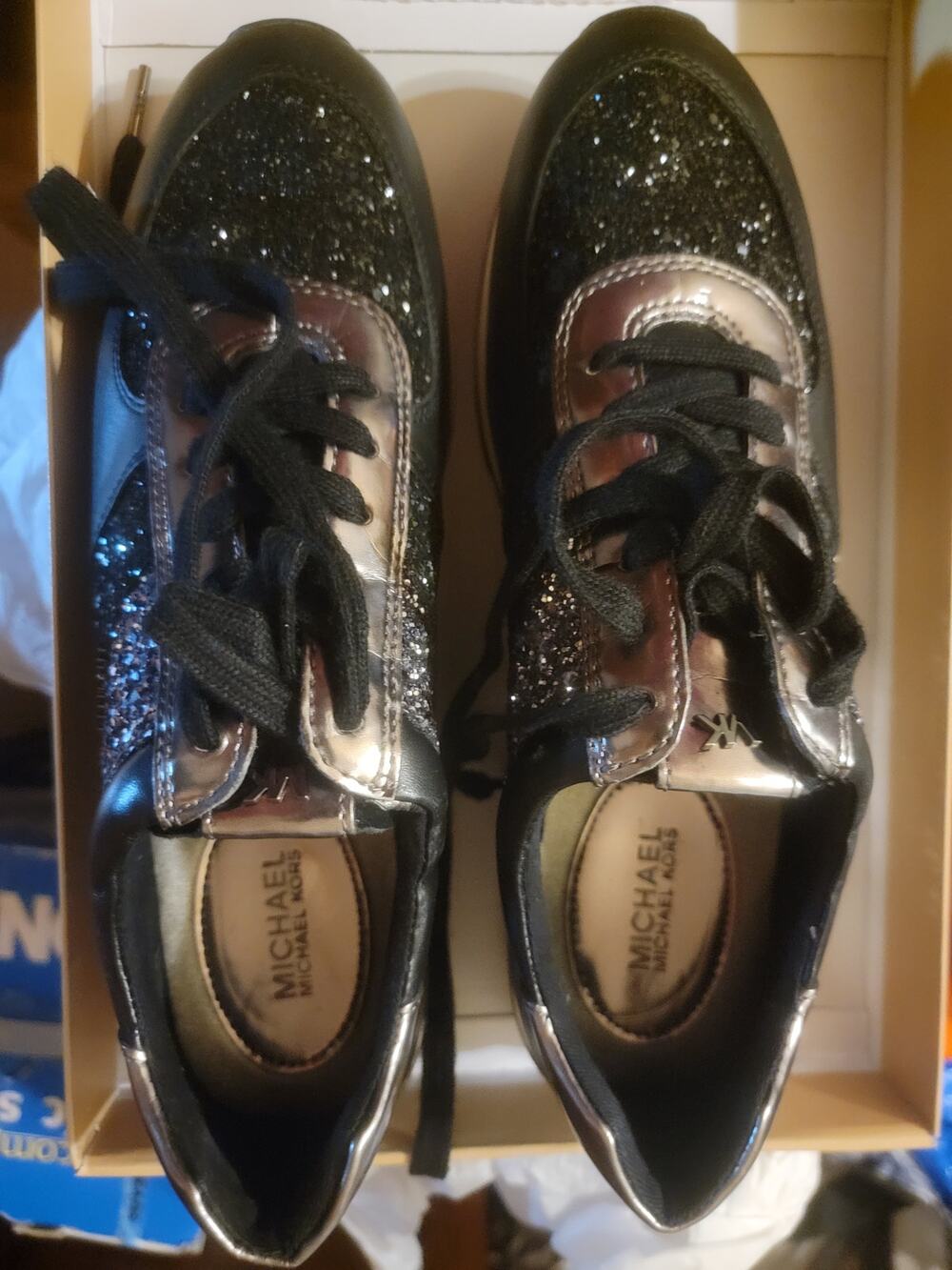 MICHAEL Michael Kors Allie Wrap Trainer Sneakers – Black Glitter & Metallic Silv
